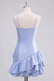 A-Line Satin Light Blue Spaghetti Straps Ruffled Homecoming Dress with 3D Flowers