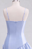 A-Line Satin Light Blue Spaghetti Straps Ruffled Homecoming Dress with 3D Flowers