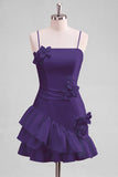 A-Line Satin Light Blue Spaghetti Straps Ruffled Homecoming Dress with 3D Flowers