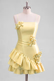 A-Line Satin Light Blue Spaghetti Straps Ruffled Homecoming Dress with 3D Flowers