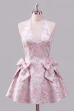 A-Line Pink Halter Neck Jacquard Floral Homecoming Dress with Bow