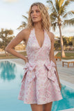 A-Line Pink Halter Neck Jacquard Floral Homecoming Dress with Bow