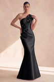 One Shoulder Satin Black Mermaid Long Formal Dress with 3D Flowers