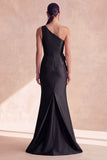One Shoulder Satin Black Mermaid Long Formal Dress with 3D Flowers