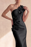 One Shoulder Satin Black Mermaid Long Formal Dress with 3D Flowers