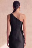 One Shoulder Satin Black Mermaid Long Formal Dress with 3D Flowers