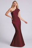 One Shoulder Satin Black Mermaid Long Formal Dress with 3D Flowers