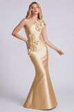 One Shoulder Satin Black Mermaid Long Formal Dress with 3D Flowers
