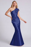 One Shoulder Satin Black Mermaid Long Formal Dress with 3D Flowers