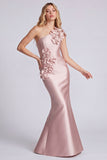 One Shoulder Satin Black Mermaid Long Formal Dress with 3D Flowers