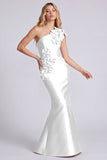 One Shoulder Satin Black Mermaid Long Formal Dress with 3D Flowers