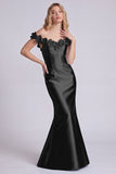 Dark Navy Off the Shoulder Mermaid Satin Long Formal Dress with 3D Flowers