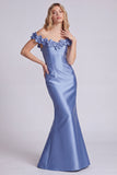Dark Navy Off the Shoulder Mermaid Satin Long Formal Dress with 3D Flowers