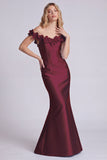 Dark Navy Off the Shoulder Mermaid Satin Long Formal Dress with 3D Flowers
