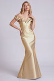 Dark Navy Off the Shoulder Mermaid Satin Long Formal Dress with 3D Flowers