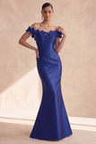 Dark Navy Off the Shoulder Mermaid Satin Long Formal Dress with 3D Flowers