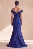 Dark Navy Off the Shoulder Mermaid Satin Long Formal Dress with 3D Flowers