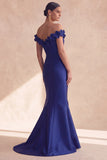 Dark Navy Off the Shoulder Mermaid Satin Long Formal Dress with 3D Flowers