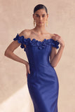 Dark Navy Off the Shoulder Mermaid Satin Long Formal Dress with 3D Flowers