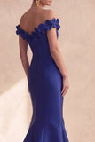 Dark Navy Off the Shoulder Mermaid Satin Long Formal Dress with 3D Flowers