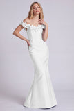 Dark Navy Off the Shoulder Mermaid Satin Long Formal Dress with 3D Flowers