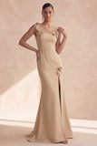 Champagne Mermaid Square Neck 3D Flowers Long Formal Dress with Slit