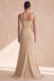 Champagne Mermaid Square Neck 3D Flowers Long Formal Dress with Slit