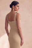 Champagne Mermaid Square Neck 3D Flowers Long Formal Dress with Slit