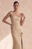 Champagne Mermaid Square Neck 3D Flowers Long Formal Dress with Slit