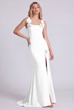 Champagne Mermaid Square Neck 3D Flowers Long Formal Dress with Slit