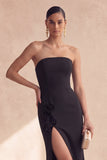 Black Strapless Mermaid Floral Long Formal Dress with Slit