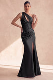 Satin Black One Shoulder Mermaid Ruched Long Formal Dress with Slit