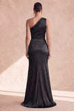 Satin Black One Shoulder Mermaid Ruched Long Formal Dress with Slit