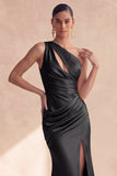 Satin Black One Shoulder Mermaid Ruched Long Formal Dress with Slit