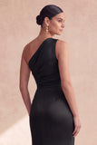 Satin Black One Shoulder Mermaid Ruched Long Formal Dress with Slit
