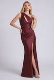 Satin Black One Shoulder Mermaid Ruched Long Formal Dress with Slit