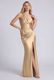 Satin Black One Shoulder Mermaid Ruched Long Formal Dress with Slit