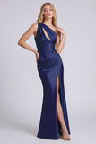 Satin Black One Shoulder Mermaid Ruched Long Formal Dress with Slit