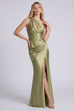 Satin Black One Shoulder Mermaid Ruched Long Formal Dress with Slit