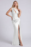 Satin Black One Shoulder Mermaid Ruched Long Formal Dress with Slit