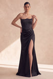 Black Satin Strapless Corset Ruched Mermaid Long Formal Dress with Slit