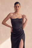 Black Satin Strapless Corset Ruched Mermaid Long Formal Dress with Slit