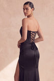 Black Satin Strapless Corset Ruched Mermaid Long Formal Dress with Slit