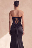 Black Satin Strapless Corset Ruched Mermaid Long Formal Dress with Slit