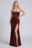 Black Satin Strapless Corset Ruched Mermaid Long Formal Dress with Slit