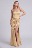 Black Satin Strapless Corset Ruched Mermaid Long Formal Dress with Slit