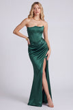 Black Satin Strapless Corset Ruched Mermaid Long Formal Dress with Slit