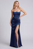 Black Satin Strapless Corset Ruched Mermaid Long Formal Dress with Slit
