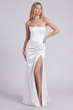 Black Satin Strapless Corset Ruched Mermaid Long Formal Dress with Slit