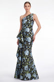 Pink Flower Mermaid One Shoulder Jacquard Long Mother Of the Bride Dress with Ruffles